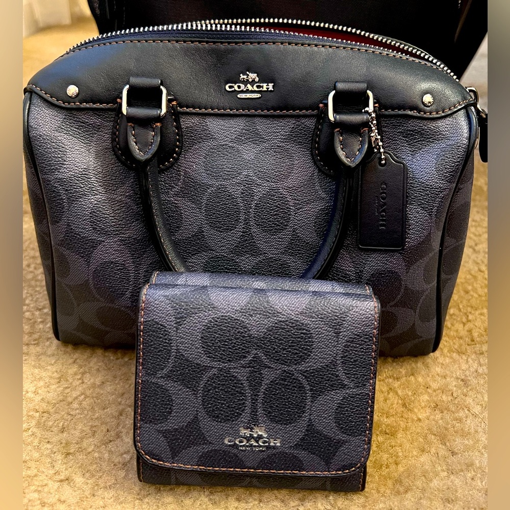 DENIM SIGNATURE MINI BENNETT SATCHEL W/ RED INTERIOR & MATCHING WALLET